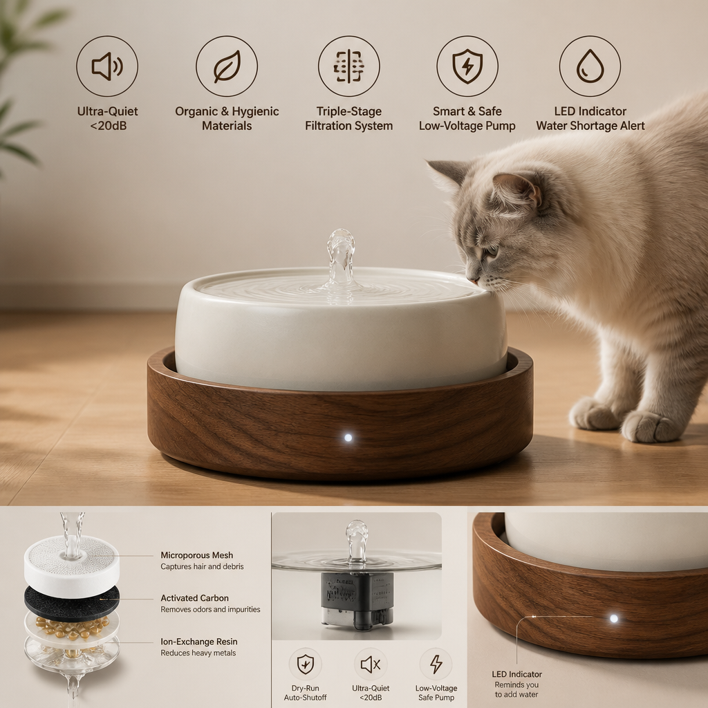 Vellumpaw™ Serene Sip Ceramic &amp; Walnut Fountain